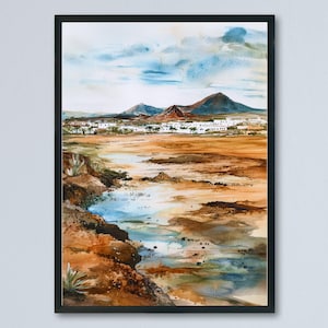 Lanzarote Watercolor Poster Lanzarote Travel Print Lanzarote Spain Wall Art Canary Islands Decor Volcanic Landscape Coastal Scene Print