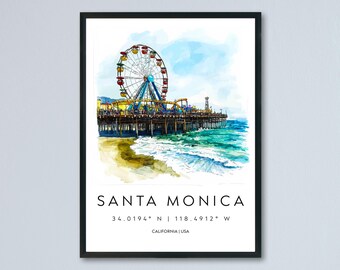 Santa Monica Watercolor Poster Santa Monica California Travel Print Wall Art Santa Monica Home Decor Santa Monica Gift Art Lovers Beach Life