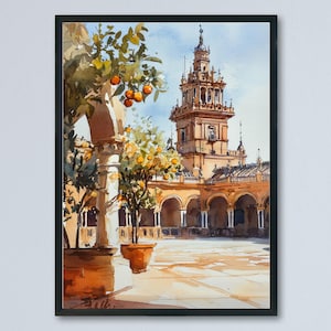 Seville Watercolor Poster Seville Travel Print Seville Wall Art Seville Cityscape Painting Seville Souvenir Spain Decor