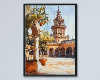 セビリアの絵画 スペイン広場の水彩画 アートプリント スペイン 壁画