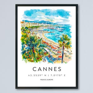 Cannes Watercolor Poster Cannes Travel Print France Wall Art Cannes Decor Riviera Scene Beach View French Coast City Landscape Print