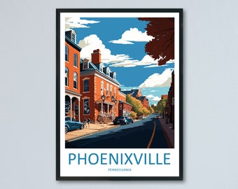 Puede incluir: Una ilustración colorida de una escena callejera en Phoenixville, Pensilvania. La imagen presenta edificios de ladrillo con techos rojos, un cielo azul con nubes blancas y una calle bordeada de árboles. El texto "PHOENIXVILLE" y "PENNSYLVANIA" se muestra en la parte inferior de la imagen.