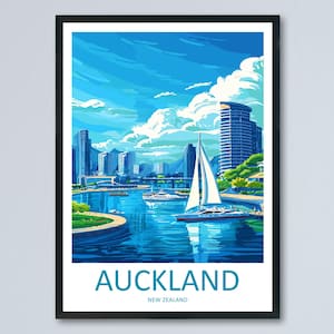 Affiche de voyage d&#39;Auckland, art mural néo-zélandais, impression de paysage urbain, tour du ciel, décoration urbaine, cadeau de la Nouvelle-Zélande, scène souvenir, art moderne d&#39;Océanie