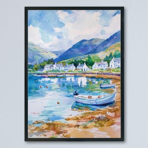 May include: Watercolor painting of a coastal landscape with a serene lake and mountains. A white boat floats near the shore, and small white buildings line the coast. The artwork is framed in a black frame.