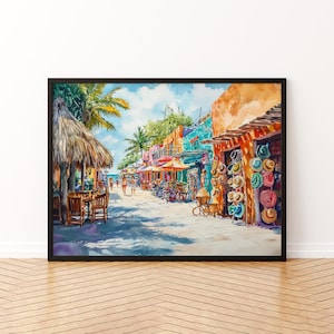 May include: Watercolor painting of a vibrant street scene with colorful buildings, shops, and palm trees. The artwork depicts a sunny day with people strolling along a pedestrian walkway. A thatched-roof structure and various hats are visible.