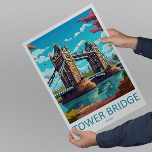 May include: A colorful illustration of Tower Bridge in London, England. The bridge is depicted in a retro style with a blue sky and white clouds. The text "TOWER BRIDGE LONDON" is printed at the bottom of the image.