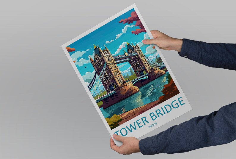 May include: A colorful illustration of Tower Bridge in London, England. The bridge is depicted in a retro style with a blue sky and white clouds. The text "TOWER BRIDGE LONDON" is printed at the bottom of the image.