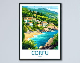 May include: A framed art print of Corfu, Greece. The artwork depicts a coastal scene with white buildings, lush green trees, and turquoise water. The word "CORFU" is printed in teal at the bottom of the frame.