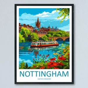 Impresión de viaje de Nottingham, arte de pared, colgante de pared de Nottingham, decoración del hogar, regalo de Nottingham, amantes del arte de Inglaterra, regalo para amantes del arte, póster de Nottingham