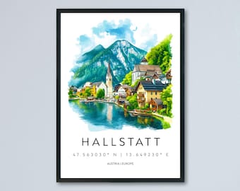 Hallstatt akvarell poster väggkonst Hallstatt väggdekoration heminredning Hallstatt present Österrike konstälskare present, resesouvenirtryck
