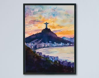 Póster de acuarela de Río de Janeiro, impresión de viaje de Río de Janeiro, arte de la pared de Río, pintura del paisaje urbano de Río, recuerdo de Río, decoración de Brasil