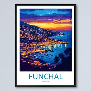 Funchal Travel Poster Madeira Wall Art Coastal City Print Hill View Illustration Atlantic Island Decor Funchal Gift Souvenir Scene