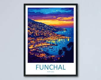 Funchal Travel Poster Madeira Wall Art Coastal City Print Hill View Illustration Atlantic Island Decor Funchal Gift Souvenir Scene