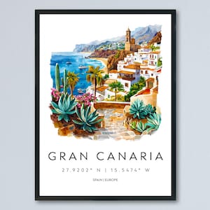 Póster de acuarela de Gran Canaria, impresión de viaje de Gran Canaria, arte mural de Gran Canaria, pintura isleña, decoración de recuerdo de Gran Canaria