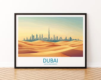 Póster de viaje de paisaje de Dubái, Emiratos Árabes Unidos, horizonte de ciudad escénica, arte mural, impresión de arquitectura moderna, decoración de Oriente Medio, obra de arte futurista de Dubái