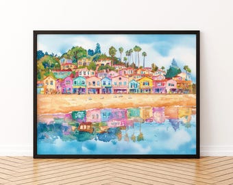 Plakat akwarelowy Santa Cruz w Kalifornii, wydruk podróżny Santa Cruz, obraz na promenadzie, sztuka ścienna w stylu nadmorskim, pamiątka z USA