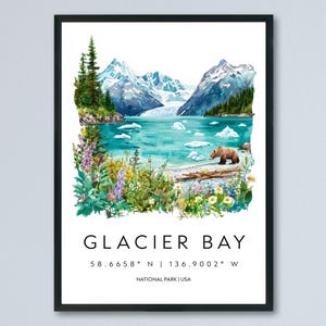 Póster de acuarela de la Bahía de los Glaciares, impresión de viaje de la Bahía de los Glaciares, arte de pared de Alaska, decoración de la Bahía de los Glaciares, paisaje costero, impresión de escena natural de iceberg