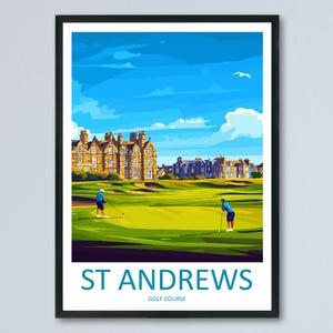 St Andrews Cartoon Travel Poster Scotland Wall Art Coastal Town Print Historic Illustration Golf Decor St Andrews Souvenir Gift