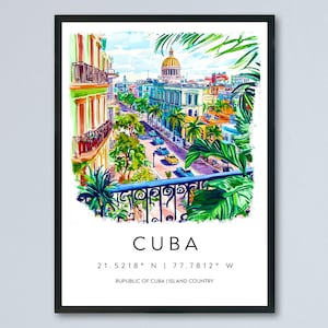 Cuba Watercolor Poster Cuba Travel Print Cuba Wall Art Havana Cityscape Painting Cuba Souvenir Caribbean Island Decor
