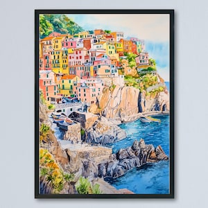Affiche aquarelle des Cinque Terre, impression de voyage en Italie, art mural de la côte italienne, décoration des Cinque Terre, impression de bord de mer de falaise de village coloré
