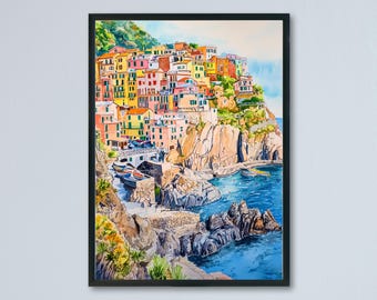 Cinque Terre Watercolor Poster Italy Travel Print Italian Coast Wall Art Cinque Terre Decor Colorful Village Cliffside Seaside Print