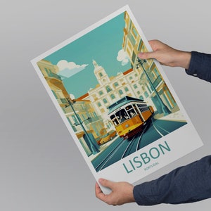 May include: A vintage-style travel poster featuring a yellow tram on a street in Lisbon, Portugal. The poster has a blue, green, and yellow color scheme and features the text "LISBON, PORTUGAL".