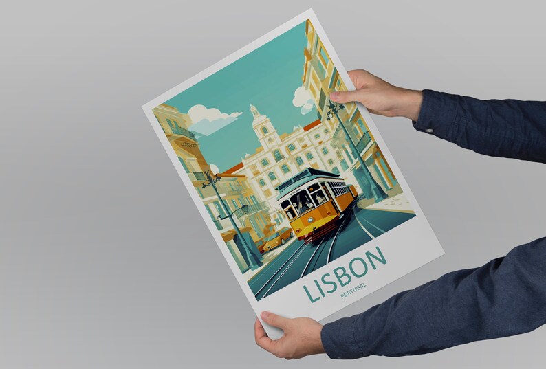 May include: A vintage-style travel poster featuring a yellow tram on a street in Lisbon, Portugal. The poster has a blue, green, and yellow color scheme and features the text "LISBON, PORTUGAL".
