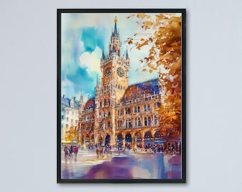 May include: Watercolor painting of a European city scene, framed in black. The artwork depicts a large building with a clock tower, people, and trees. The color palette includes blues, oranges, and purples, creating a vibrant and detailed cityscape.