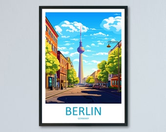 May include: A colorful illustration of a street scene in Berlin, Germany. The street is lined with buildings and trees, and the iconic Fernsehturm tower is visible in the distance. The text "BERLIN GERMANY" is at the bottom of the image.