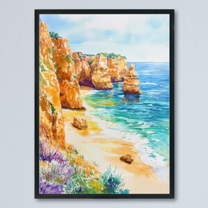 May include: Watercolor painting of a coastal landscape with cliffs and ocean. The artwork features a beach with turquoise water, golden sand, and rocky cliffs in shades of orange and brown. The sky is a light blue with soft clouds.