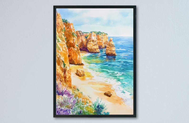 May include: Watercolor painting of a coastal landscape with cliffs and ocean. The artwork features a beach with turquoise water, golden sand, and rocky cliffs in shades of orange and brown. The sky is a light blue with soft clouds.