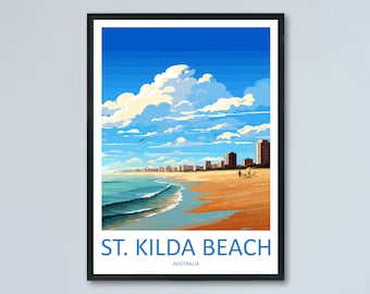 Impresión de viaje de la playa de St Kilda, arte de pared, colgante de pared de la playa de St Kilda, decoración del hogar, regalo de la playa de St Kilda, arte de pared para amantes del arte, póster de Australia Deco