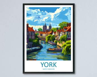 May include: A colorful illustration of the city of York, England. The image shows a river with boats, buildings, and a church in the background. The text "YORK" and "NORTH YORKSHIRE" is at the bottom of the image.