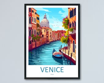 May include: A colorful illustration of a canal in Venice, Italy. The canal is lined with buildings and there is a gondola in the water. The text "VENICE" and "ITALY" is at the bottom of the image.