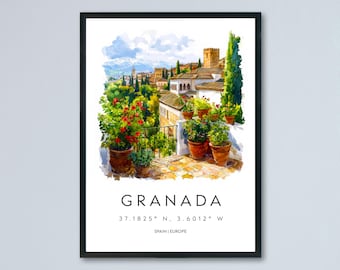 Granada Watercolor Poster Granada Travel Print Granada Wall Art Granada Cityscape Painting Granada Souvenir Spain Decor