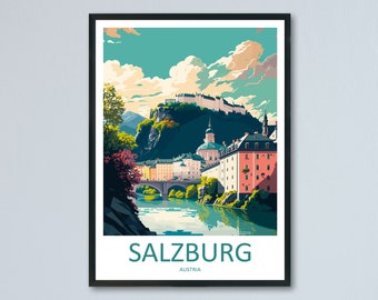 Impressão de Salzburgo, decoração para casa em Salzburgo, arte de paisagem urbana, impressão de parede de Salzburgo para entusiastas de viagens, presente para pendurar na parede, pôster de Salzburgo, Áustria