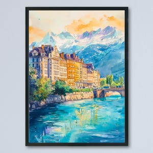 Grenoble Watercolor Poster Grenoble Travel Print France Wall Art Grenoble Decor Mountain City Scene French Alps Landscape Urban Print