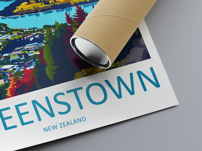May include: A poster featuring a colourful illustration of a town and lake, with the text "QUEENSTOWN NEW ZEALAND" at the bottom.