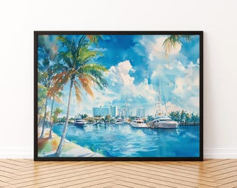 Akvarellposter i Fort Lauderdale, Florida, resetryck, Atlantkustenmålning, strandväggkonst, USA-souvenir