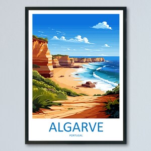 May include: A colorful illustration of a beach scene in Algarve, Portugal. The image features a sandy beach with blue water and large orange cliffs in the background. The text "ALGARVE" and "PORTUGAL" is displayed at the bottom of the image.