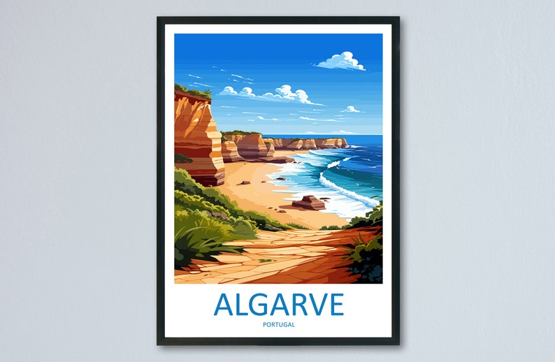 May include: A colorful illustration of a beach scene in Algarve, Portugal. The image features a sandy beach with blue water and large orange cliffs in the background. The text "ALGARVE" and "PORTUGAL" is displayed at the bottom of the image.