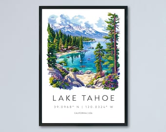 レイクタホの水彩画ポスター、レイクタホの旅行プリント、カリフォルニアの壁アート、山の湖の絵画、レイクタホの装飾