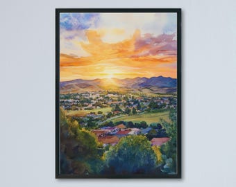 Póster de acuarela de San Luis Obispo, California, impresión de viaje, arte de pared, decoración del hogar, SLO, regalo para amantes del arte.