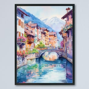 Annecy Watercolor Poster Annecy Travel Print France Wall Art Annecy Decor Lake Scene French Alps City Landscape Canal Village View