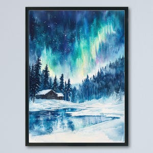 Póster de acuarela de Laponia, impresión de viaje de Laponia, arte mural ártico, pintura de paisaje nevado, recuerdo de Laponia, decoración de invierno
