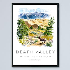 Póster de acuarela del Valle de la Muerte, impresión de viaje al Valle de la Muerte, arte mural de California, decoración de paisaje desértico, impresión de la naturaleza de la escena del Valle de la Muerte