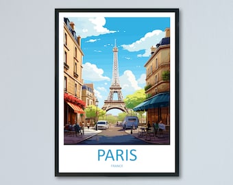 Könnte beinhalten: Eine farbenfrohe Illustration einer Pariser Straßenszene mit dem Eiffelturm im Hintergrund. Die Straße ist von Gebäuden gesäumt und es sitzen Menschen in Straßencafés. Der Text "PARIS FRANKREICH" befindet sich am unteren Rand des Bildes.