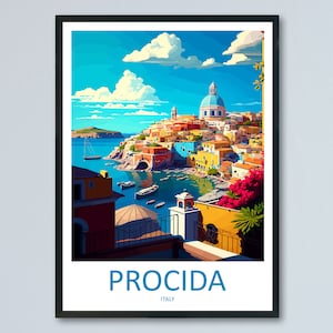 May include: A colorful illustration of the Italian island of Procida, featuring a picturesque town with a white domed church, colorful buildings, and a harbor with boats. The text "Procida, Italy" is at the bottom of the image.
