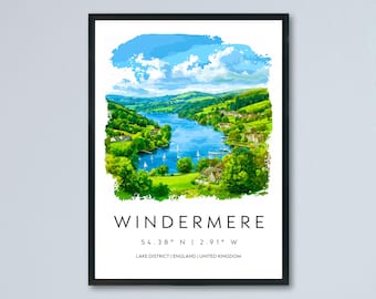 Póster de acuarela de Windermere, impresión de viaje del Distrito de los Lagos de Windermere, arte de pared, decoración del hogar de Windermere, regalo de Windermere, amantes del arte, Reino Unido, lago