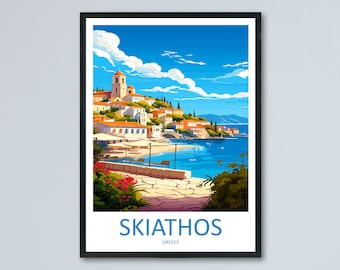 May include: A colorful illustration of a seaside town with a blue sky and white clouds. The town is built on a hillside and has a church with a tall bell tower. The text "Skiathos, Greece" is at the bottom of the image.